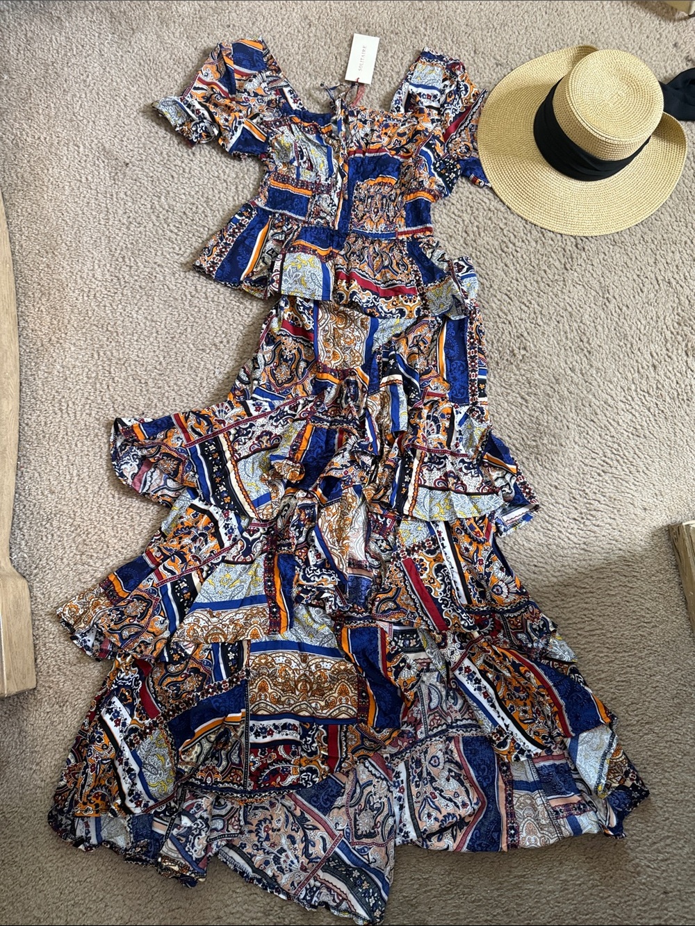 Solitaire 🔥Navy, Orange & Cream Boho Patchwork Tiered Ruffle Skirt Set